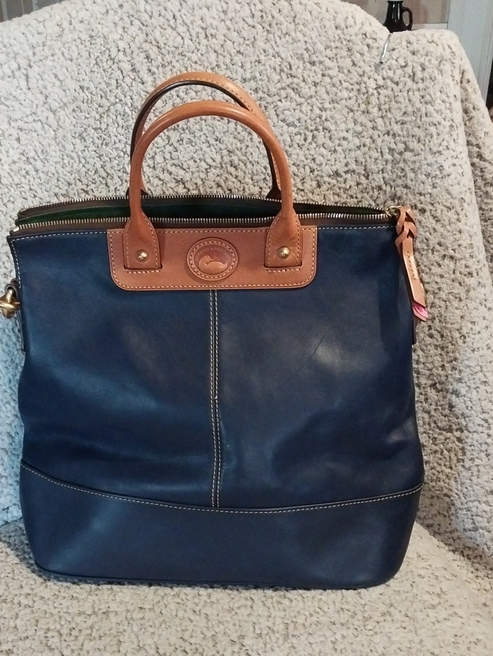 Dooney & Bourke Navy and Tan Leather Zip-Top Tote